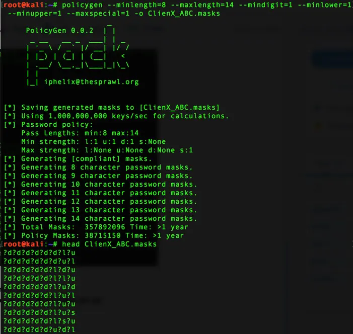Policygen generating password masks in a terminal