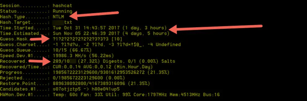 Hashcat brute-force session with elapsed time and recovery statistics highlighted