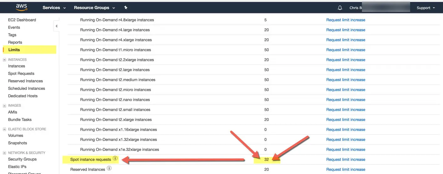 AWS EC2 limits page with the Spot Instance request limit highlighted