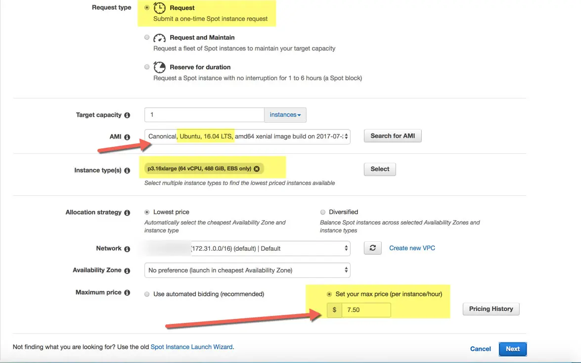 AWS Spot Request wizard showing request type, AMI, instance type and maximum price