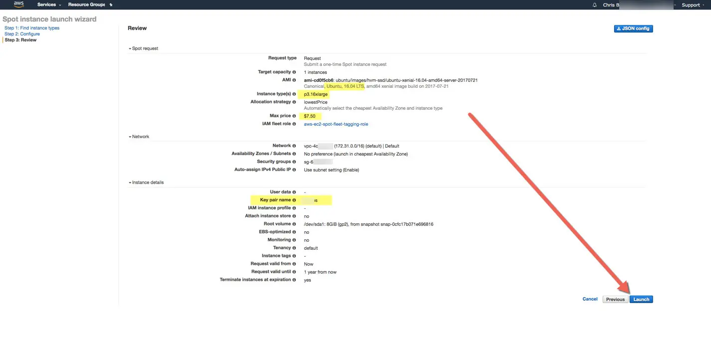 AWS instance configuration page with an Ubuntu AMI selected