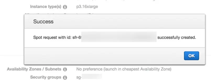 AWS success dialog confirming creation of a Spot Request