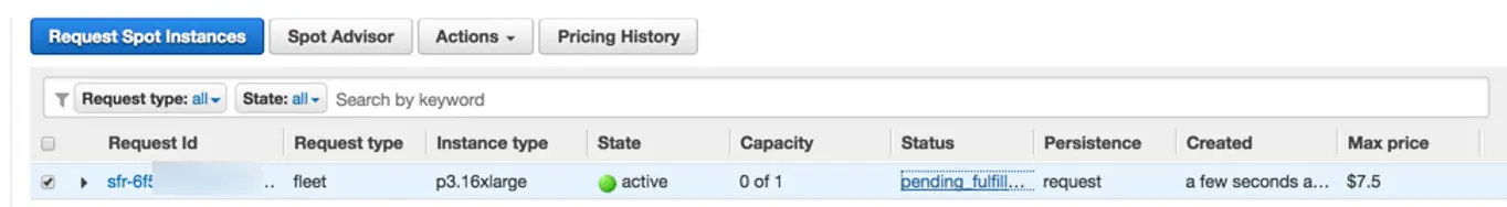 AWS Spot Request list showing active request, capacity and maximum price