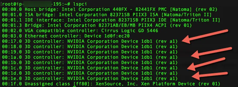 lspci output showing eight Nvidia devices highlighted