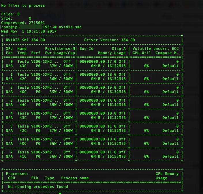 nvidia-smi output listing eight Tesla V100 GPUs