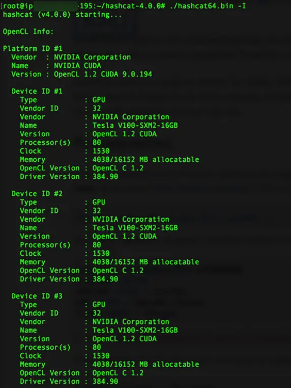 Hashcat device inventory for the first Tesla V100 GPUs