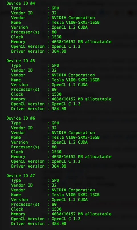 Hashcat device inventory for the remaining Tesla V100 GPUs