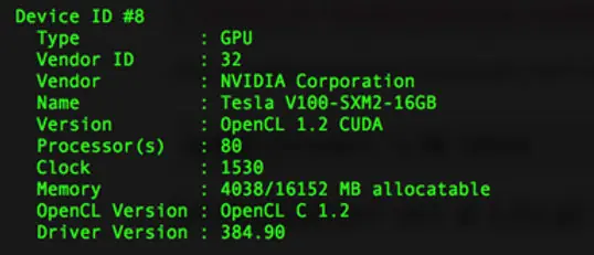Hashcat reporting a Tesla V100 GPU with OpenCL and CUDA details