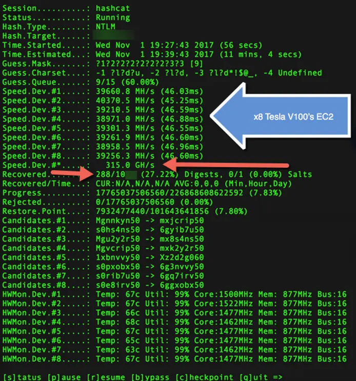 Hashcat benchmark result on an AWS instance with eight Tesla V100 GPUs