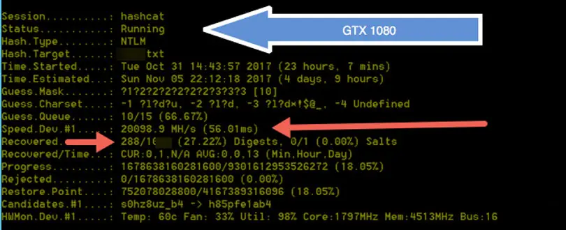 Hashcat benchmark result using one GTX 1080