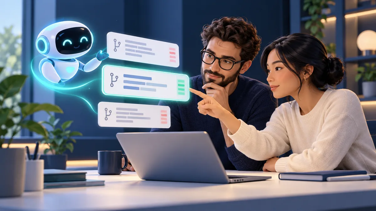 Conceptual illustration of an engineer and security reviewer examining AI-suggested code changes together.