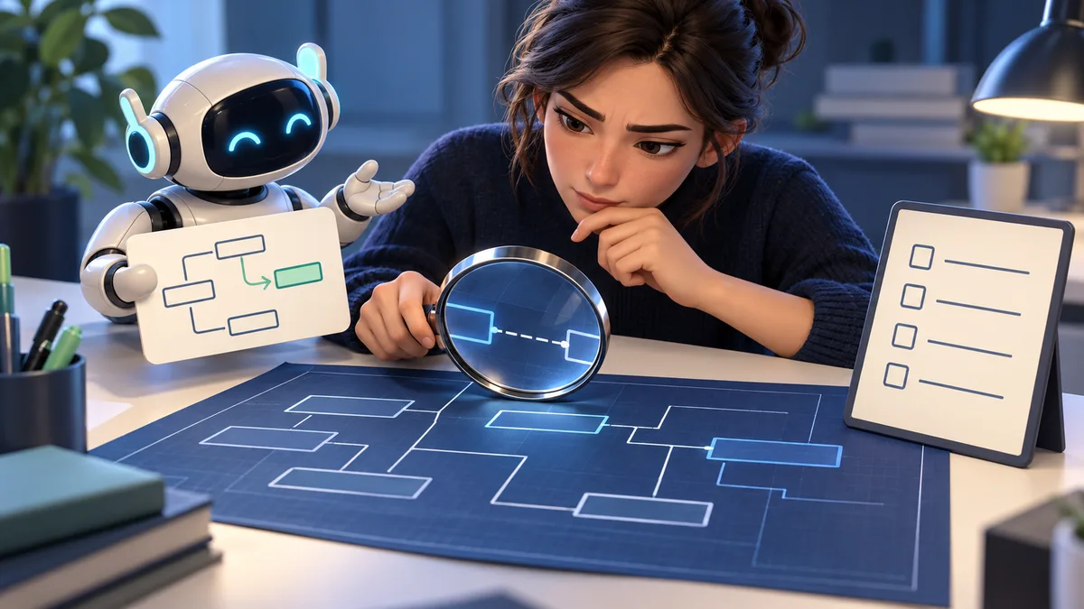 Conceptual illustration of an analyst checking an AI suggestion against source evidence and an unfinished checklist.