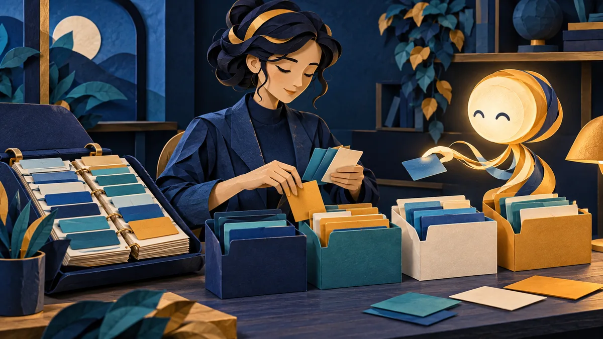 An analyst organizes feature cards into folders while retaining the source binder.