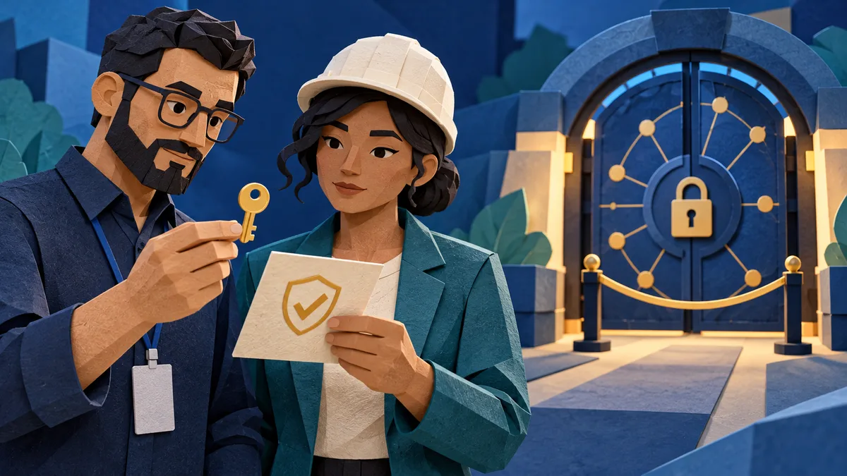 Two technology owners inspect a permission key and decision card in front of a network gate.