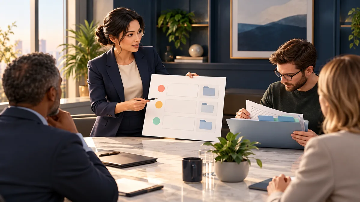 Conceptual illustration of a security manager presenting a short action summary while an engineer checks the supporting source folder.