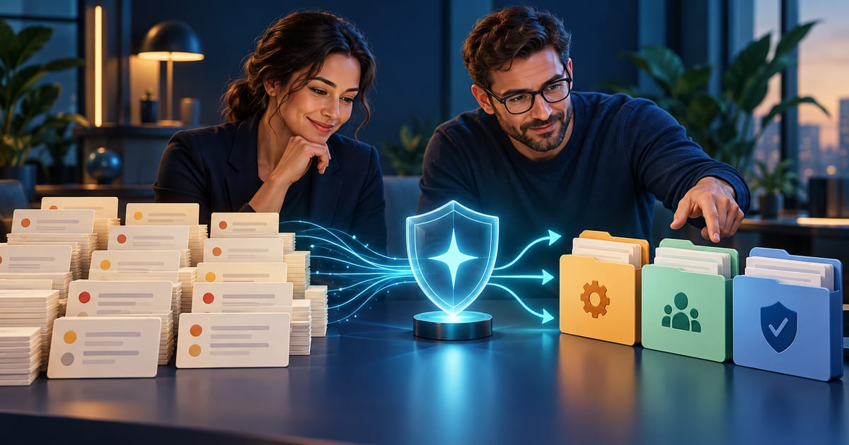 Conceptual illustration of a security manager and engineer organizing assessment findings into practical action folders.