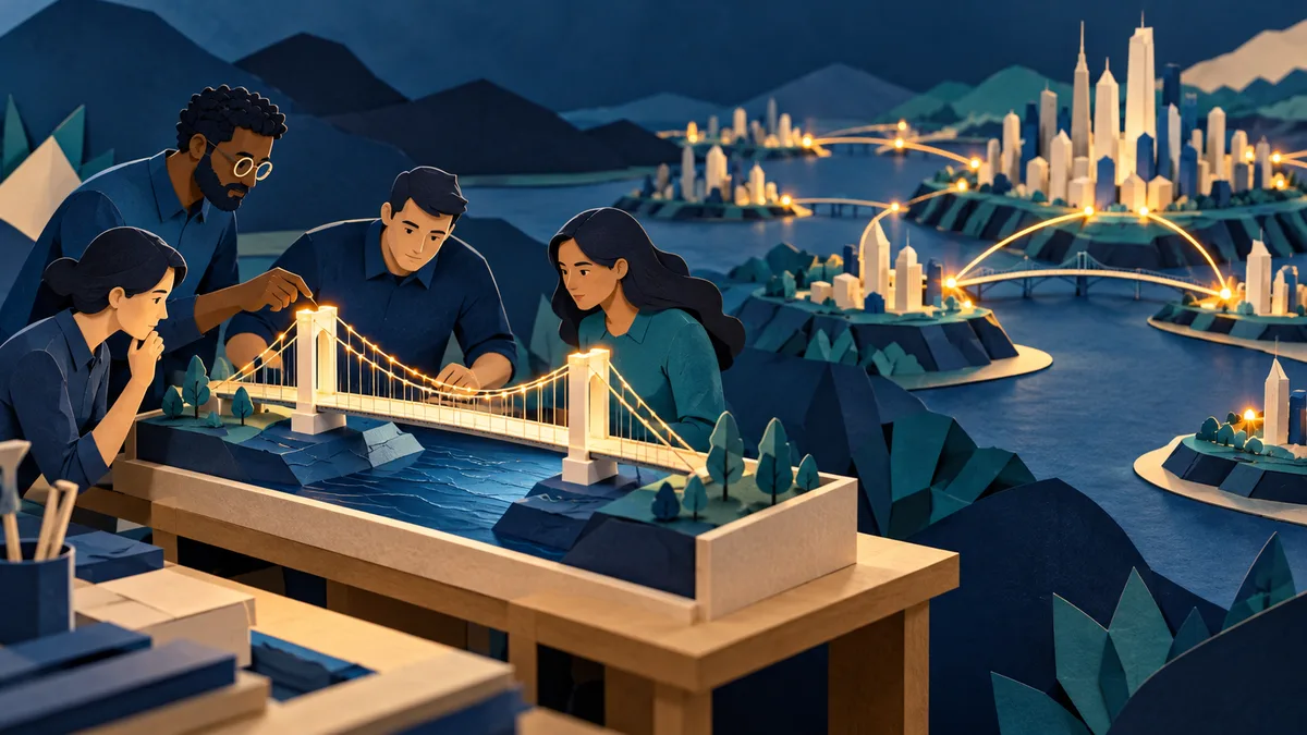A team inspects a small bridge model on a workbench before extending it into a larger network.