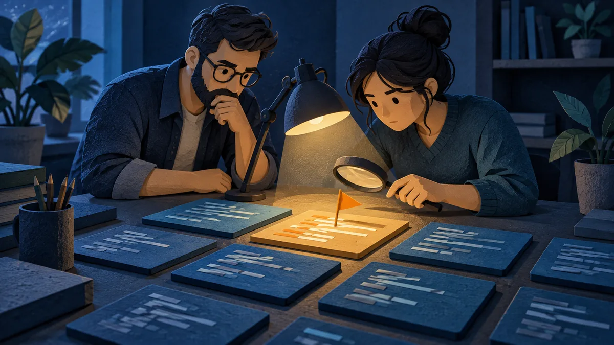 Two engineers examine one flagged code tile under a task lamp.