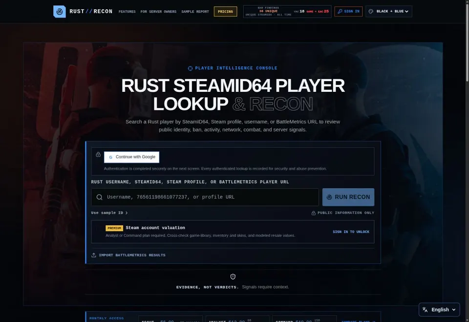 Rust Player Recon — homepage preview