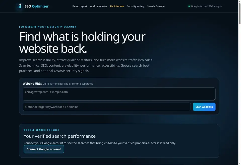 SEO Optimizer — homepage preview