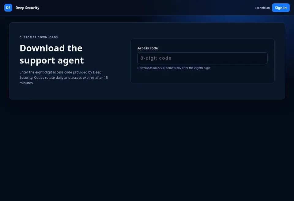 Deep Remote Support — public access screen
