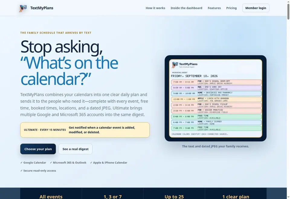 TextMyPlans — homepage preview